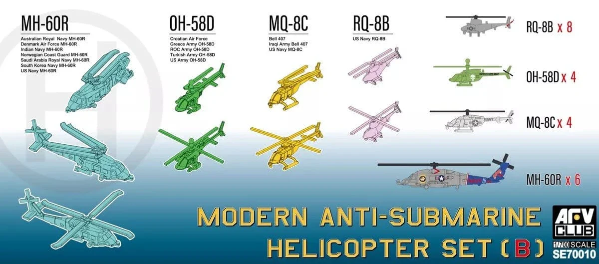 AFV Club 1/700 Modern Anti-submarine Helicopter Set 2 (MH-60R & OH-58D & MQ-8B/C) Plastic Model Kit