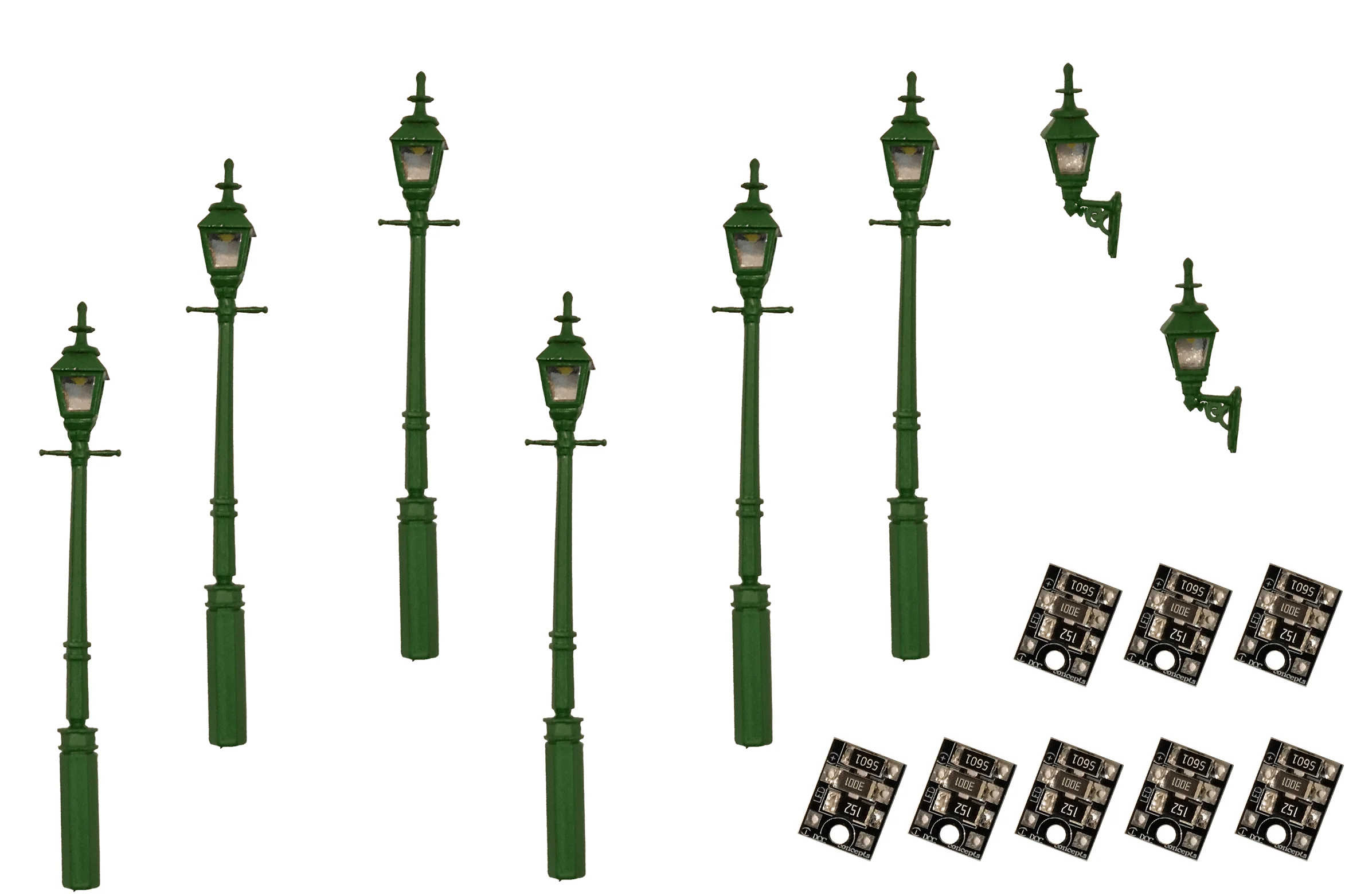 DCC Concepts 4mm Scale Gas Lamps Value Pack - Green (2x Wall Lamps, 6xStreet/Platform Lamps) - LML-VPGGR