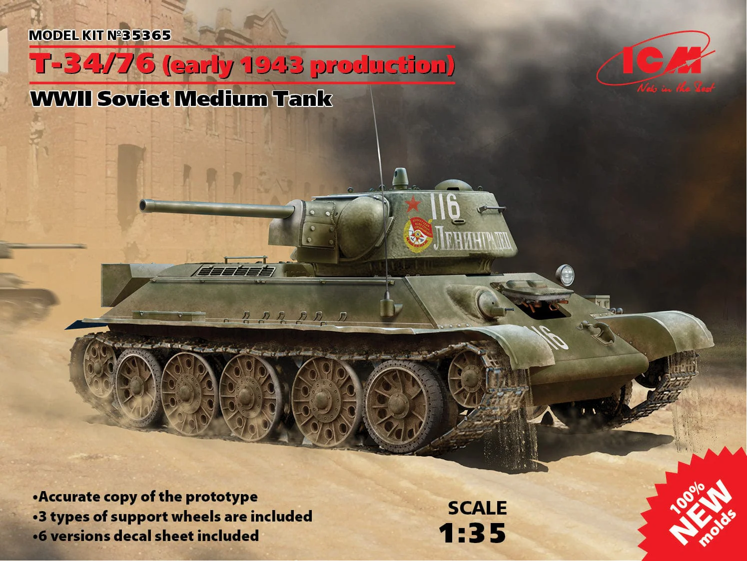 ICM 1/35 T-34/76 (Early 1943 Production) WWII Soviet Medium Tank Plastic Model Kit