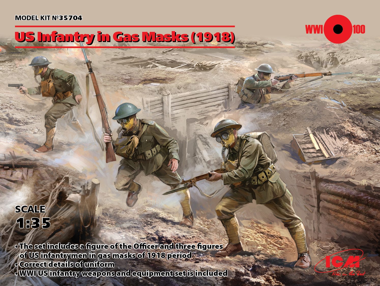 ICM 1/35 US Infantry in Gas Masks (1918) (4 Figures) Plastic Model Kit
