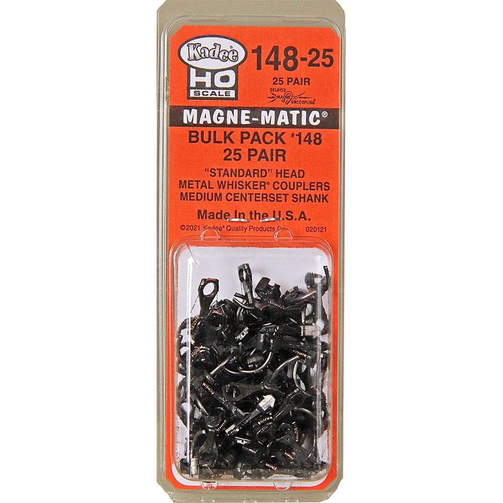 Kadee #148-25 HO Scale Bulk Pack - 25 pair 148 Whisker® Metal Couplers - Medium (9/32") Centerset Shank