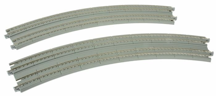 Kato N Curved Double Concrete Slab Superelevated Track - Unitrack - 16-3/8 & 15" 414 & 381mm, 45-Degree Easements (1 Left, 1 Right)