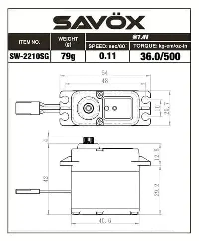 Savox SW2210SG Standard 45kg 8.4V Metal Geared Waterproof HV Servo - Image 2