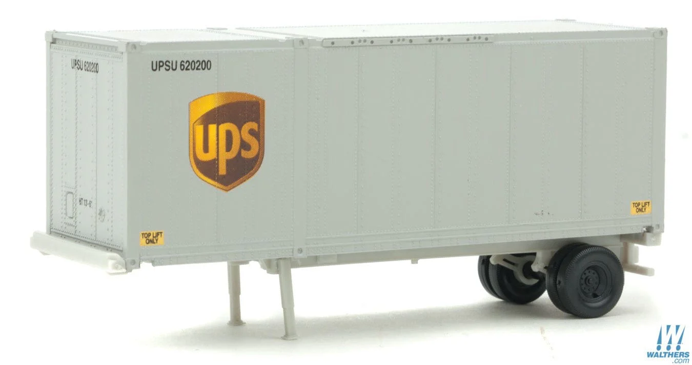 Walthers SceneMaster HO 28ft Container with Chassis 2-Pack - Assembled - United Parcel Service (Modern Shield Logo; gray, brown, yellow)