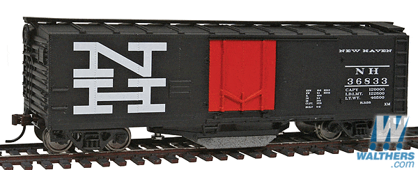 Walthers Trainline HO 40ft Plug-Door Track Cleaning Boxcar - Ready to Run - New Haven (black, orange; Large NH Logo)